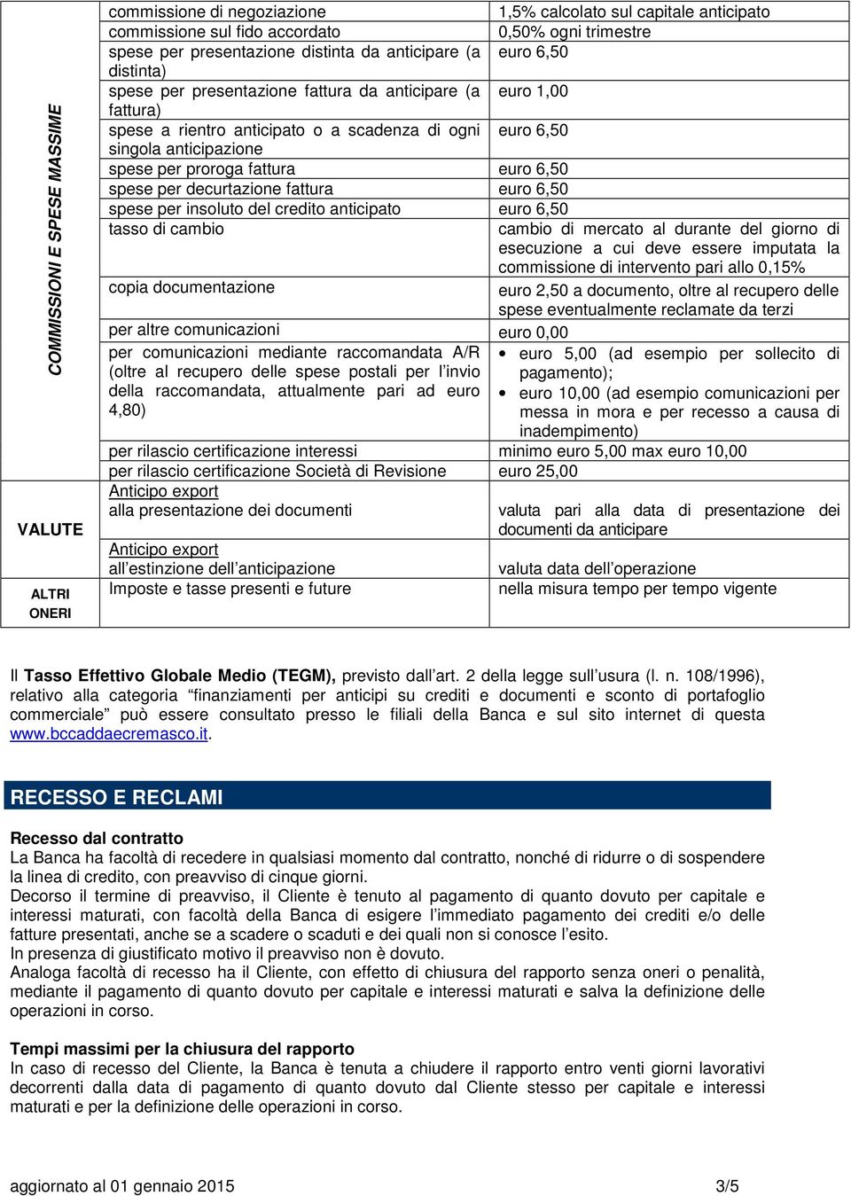 proroga fattura euro 6,50 spese per decurtazione fattura euro 6,50 spese per insoluto del credito anticipato euro 6,50 tasso di cambio cambio di mercato al durante del giorno di esecuzione a cui deve