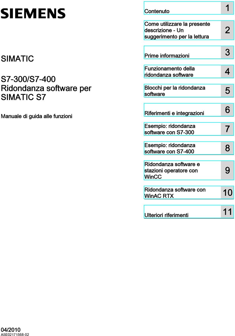 Blocchi per la ridondanza software 5 Riferimenti e integrazioni 6 Esempio: ridondanza software con S7-300 7 Esempio: ridondanza software