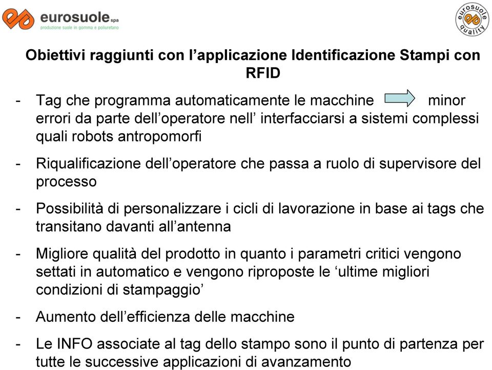 in base ai tags che transitano davanti all antenna - Migliore qualità del prodotto in quanto i parametri critici vengono settati in automatico e vengono riproposte le ultime