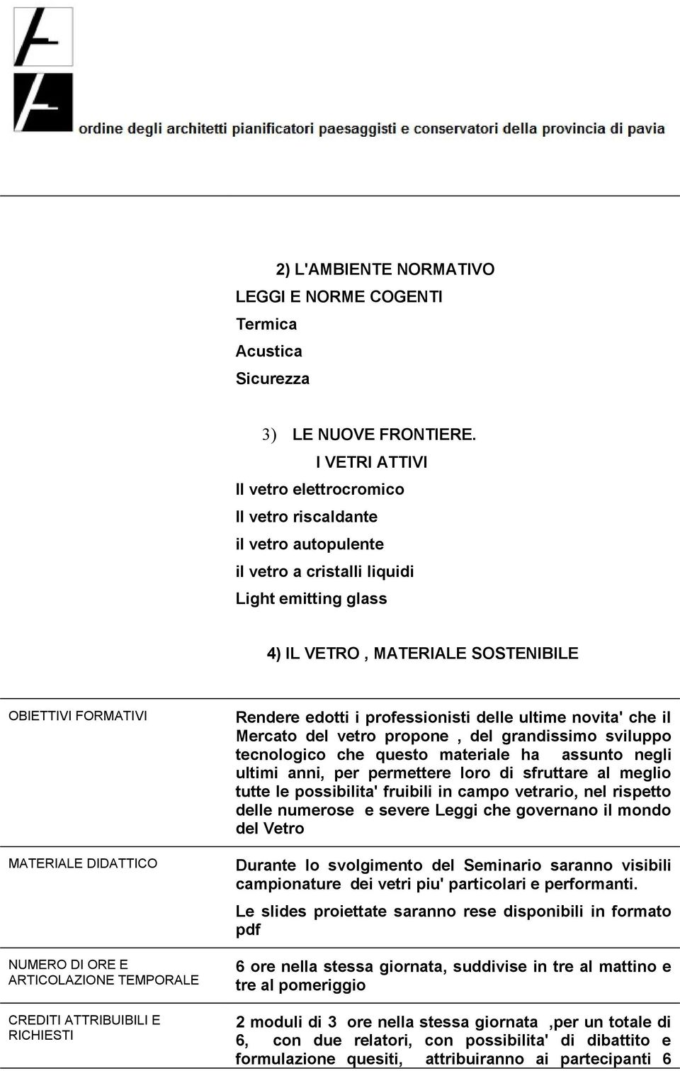 DIDATTICO NUMERO DI ORE E ARTICOLAZIONE TEMPORALE CREDITI ATTRIBUIBILI E RICHIESTI Rendere edotti i professionisti delle ultime novita' che il Mercato del vetro propone, del grandissimo sviluppo