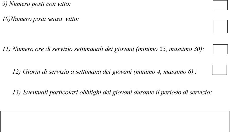 Giorni di servizio a settimana dei giovani (minimo 4, massimo 6) : 13)