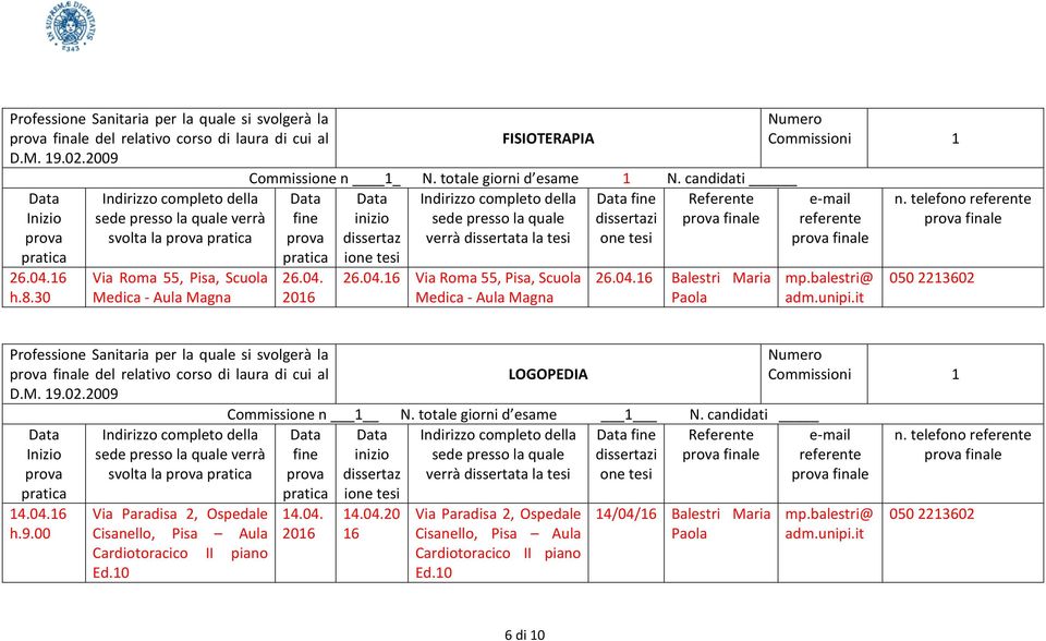 26.04.16 26.04.16 Balestri Maria adm del relativo corso di laura di cui al 14.04.16 svolta la Cardiotoracico II piano LOGOPEDIA Commissione n 1 N.