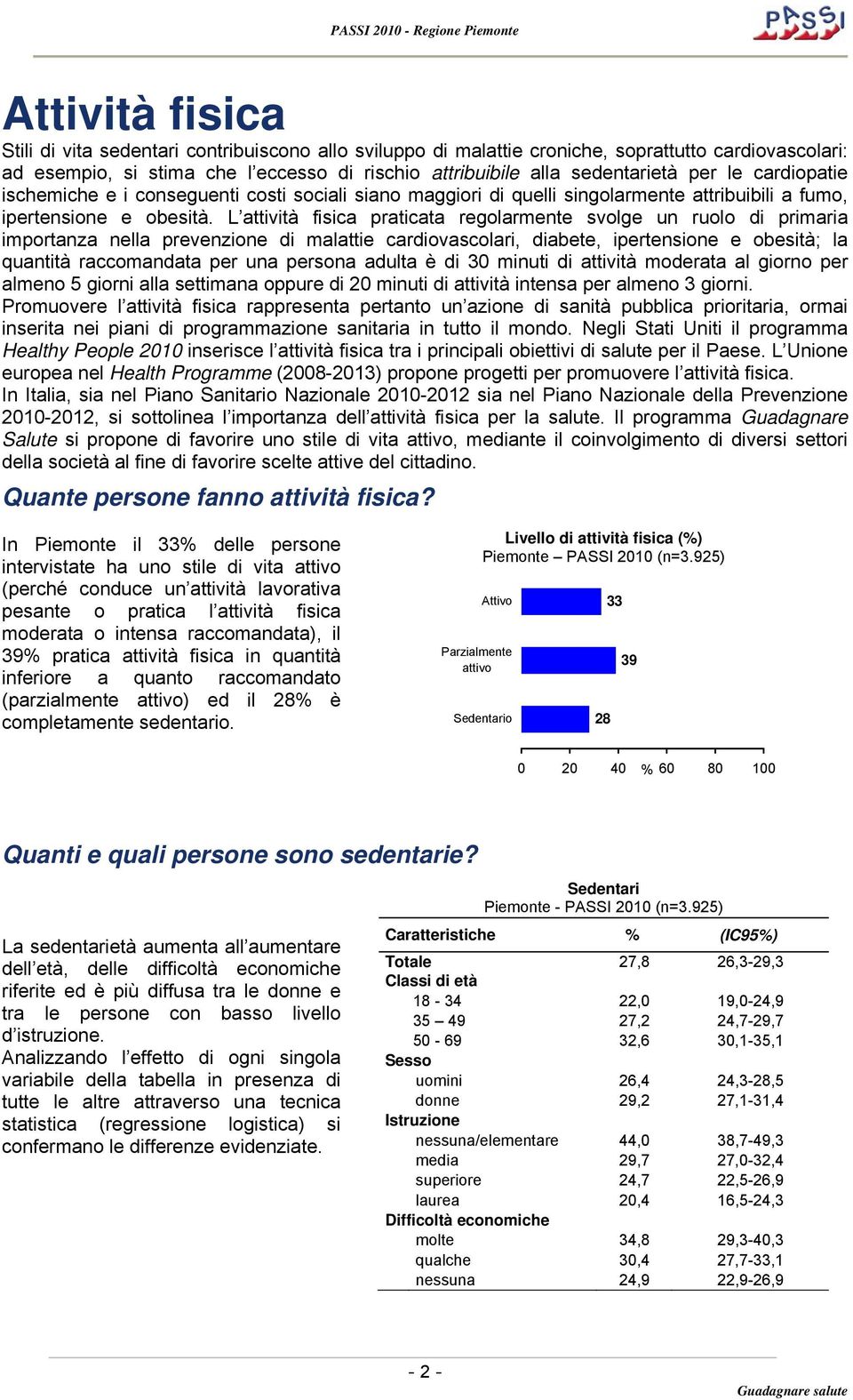 L attività fisica praticata regolarmente svolge un ruolo di primaria importanza nella prevenzione di malattie cardiovascolari, diabete, ipertensione e obesità; la quantità raccomandata per una