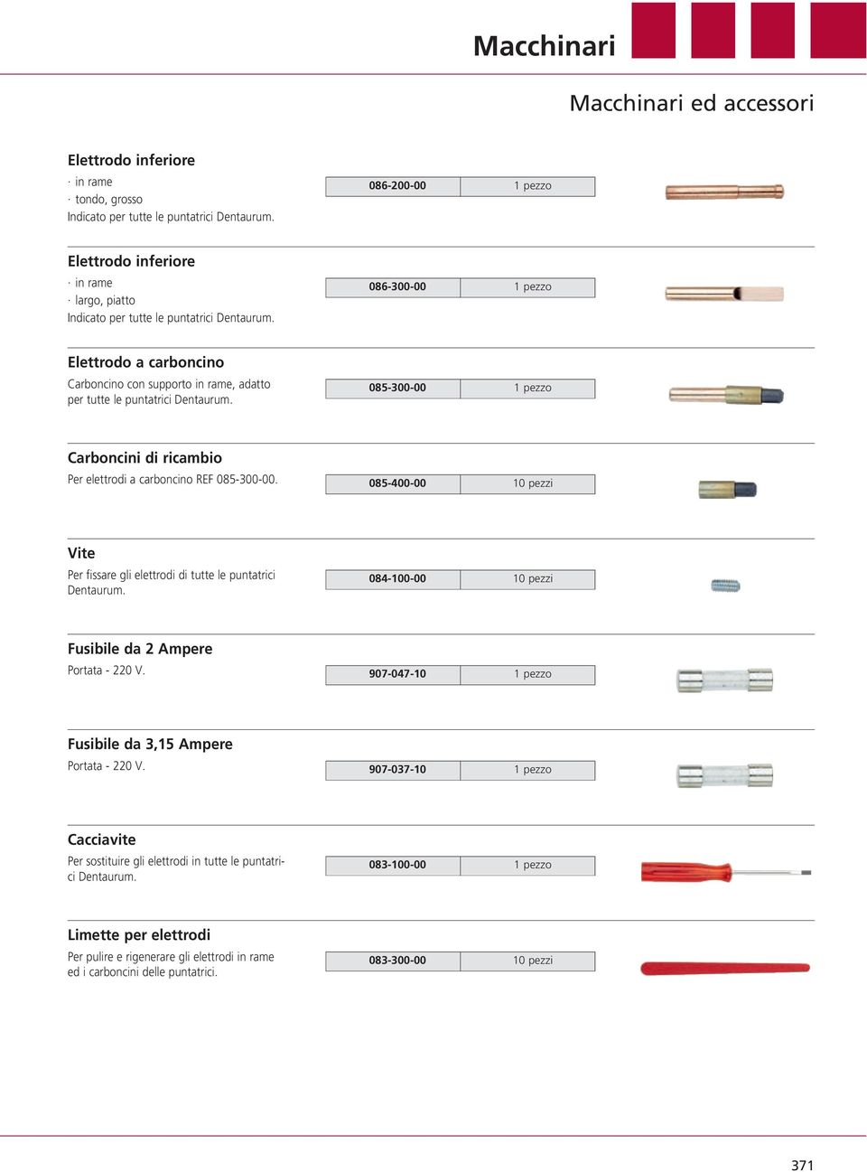 085-400-00 10 pezzi Vite Per fissare gli elettrodi di tutte le puntatrici Dentaurum. 084-100-00 10 pezzi Fusibile da 2 Ampere Portata - 220 V.