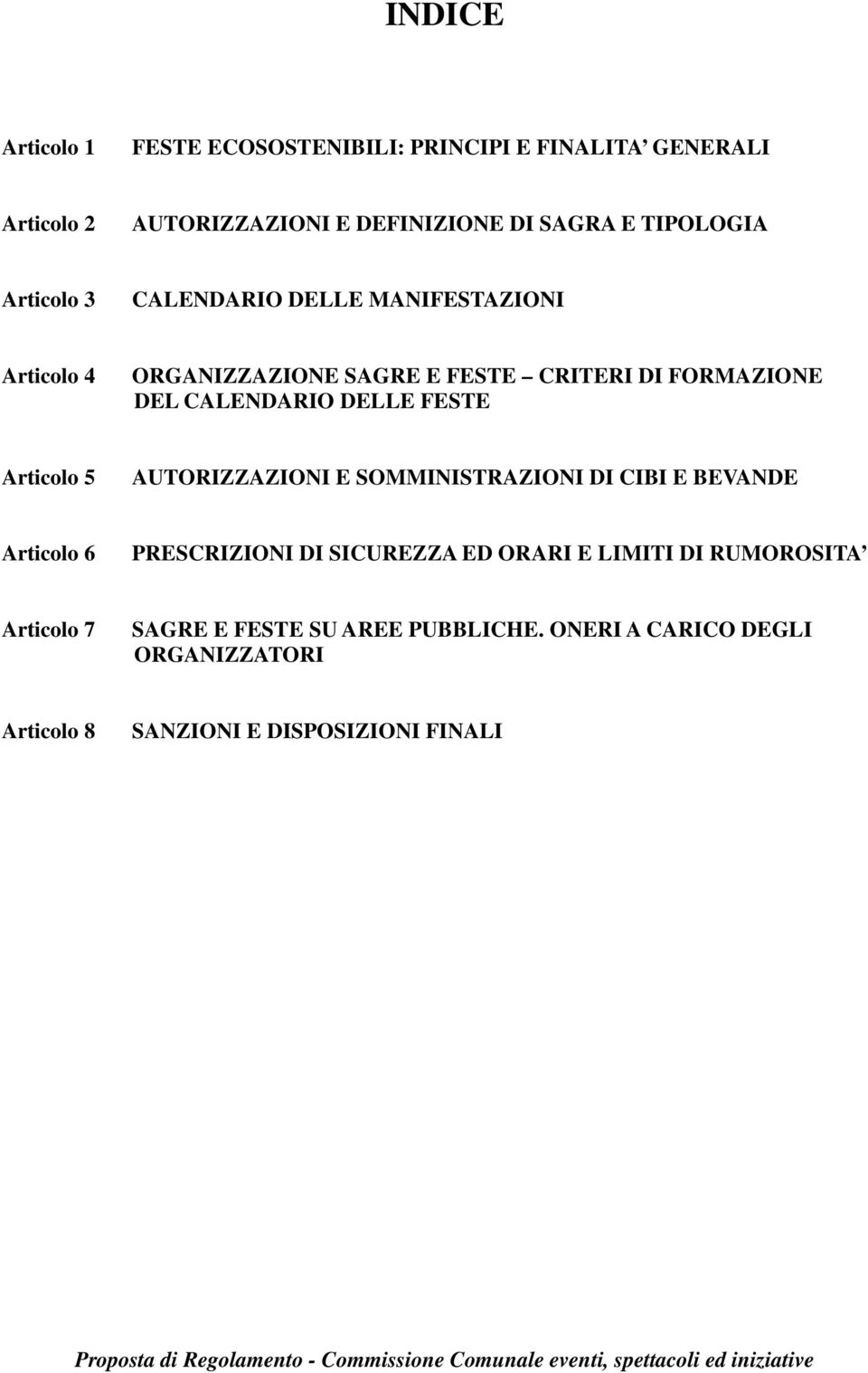 CALENDARIO DELLE FESTE Articolo 5 AUTORIZZAZIONI E SOMMINISTRAZIONI DI CIBI E BEVANDE Articolo 6 PRESCRIZIONI DI SICUREZZA ED