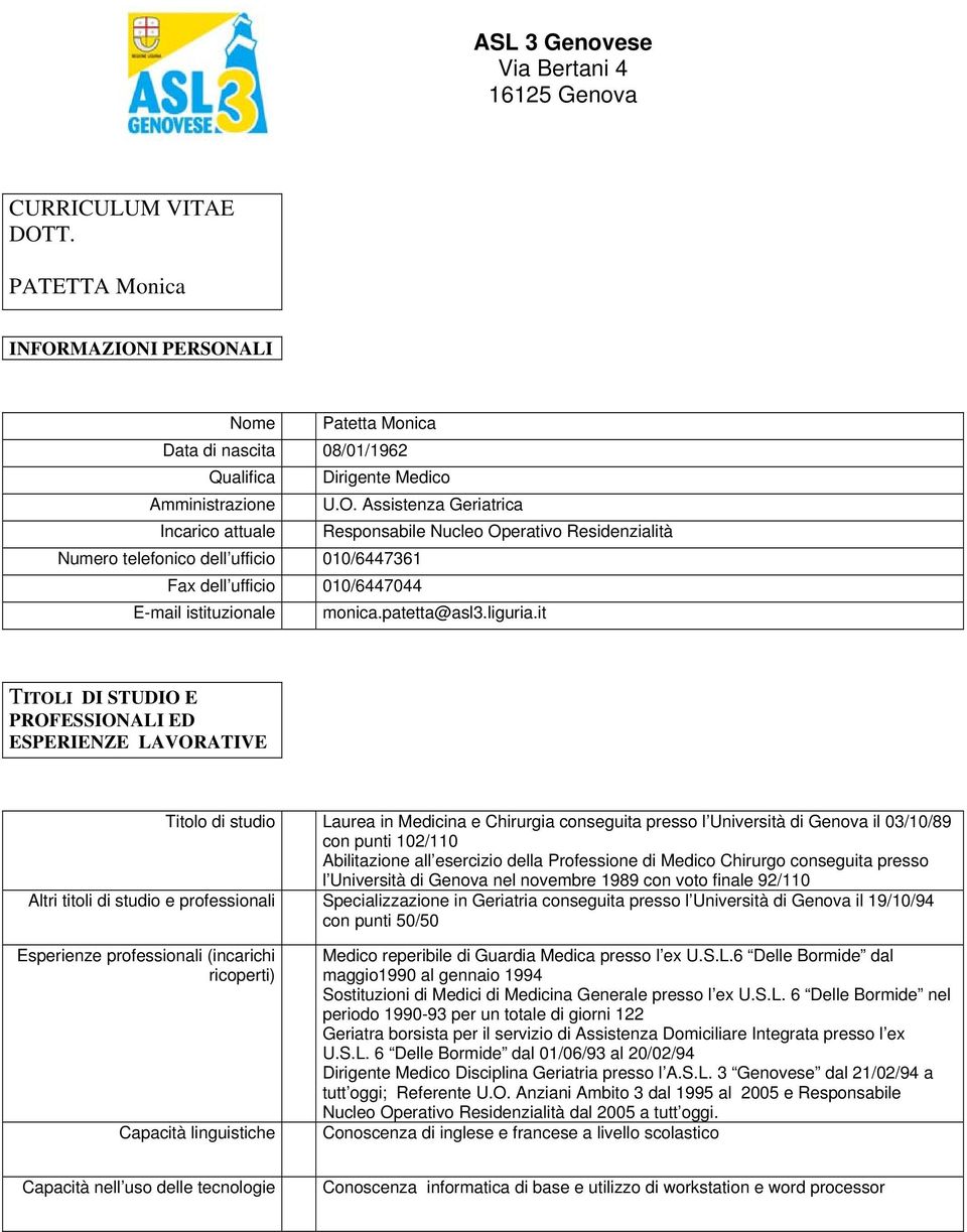 MAZIONI PERSONALI Nome Patetta Monica Data di nascita 08/01/1962 Qualifica Dirigente Medico Amministrazione U.O. Assistenza Geriatrica Incarico attuale Responsabile Nucleo Operativo Residenzialità Numero telefonico dell ufficio 010/6447361 Fax dell ufficio 010/6447044 E-mail istituzionale monica.