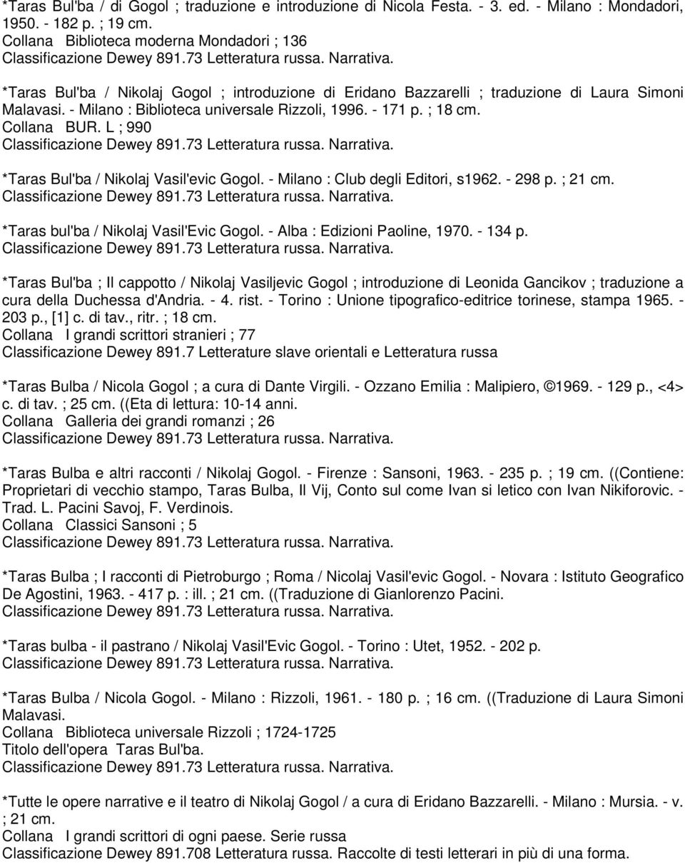 - 171 p. ; 18 cm. Collana BUR. L ; 990 *Taras Bul'ba / Nikolaj Vasil'evic Gogol. - Milano : Club degli Editori, s1962. - 298 p. ; 21 cm. *Taras bul'ba / Nikolaj Vasil'Evic Gogol.