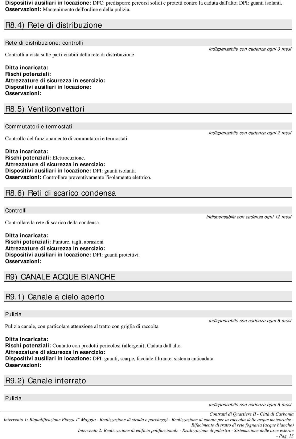 5) Ventilconvettori Commutatori e termostati Controllo del funzionamento di commutatori e termostati. indispensabile con cadenza ogni 2 mesi Elettrocuzione. DPI: guanti isolanti.