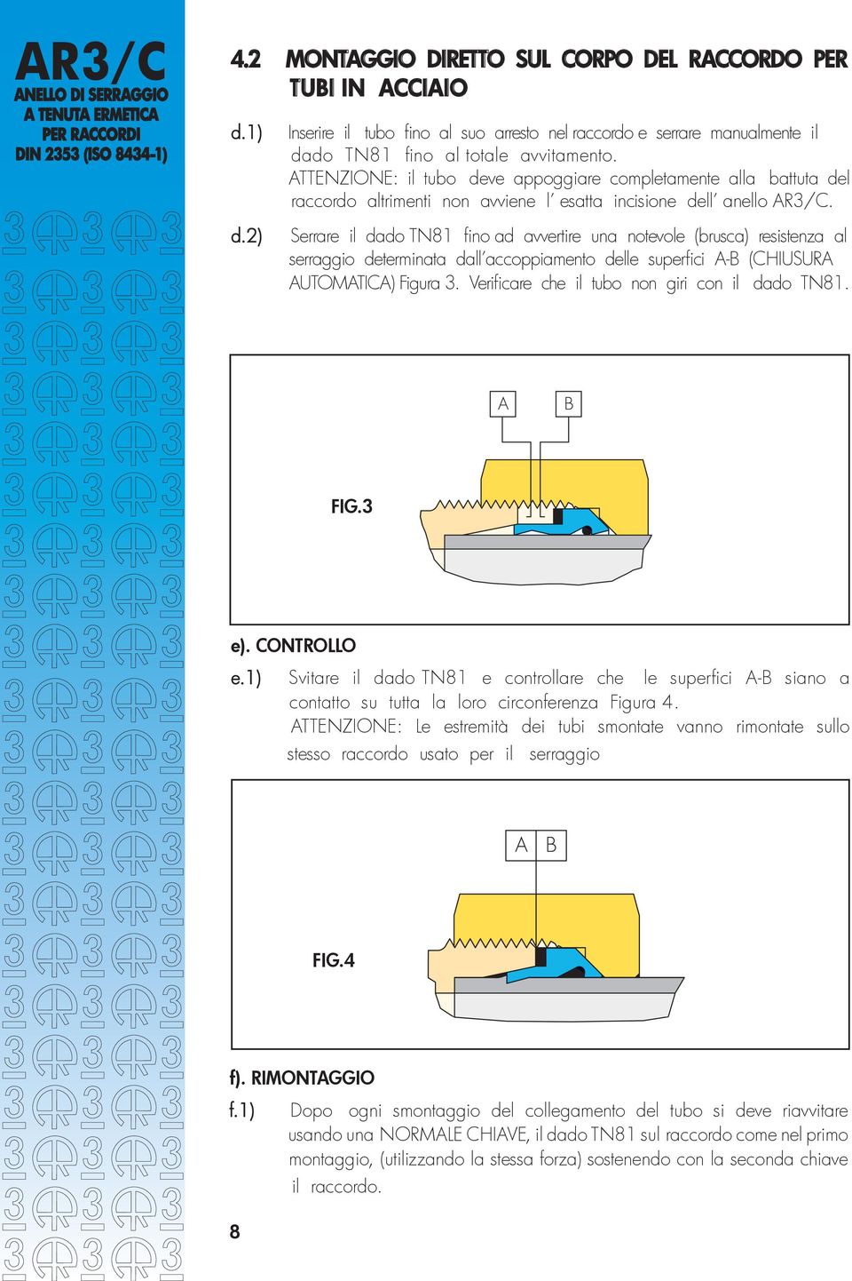 Verificare che il tubo non giri con il dado TN81. FIG.3 e). CONTROLLO e.1) Svitare il dado TN81 e controllare che le superfici A-B siano a contatto su tutta la loro circonferenza Figura 4.