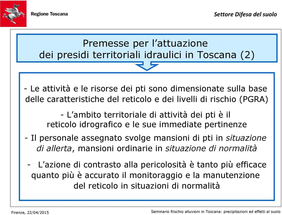 immediate pertinenze - Il personale assegnato svolge mansioni di pti in situazione di allerta, mansioni ordinarie in situazione di normalità - L