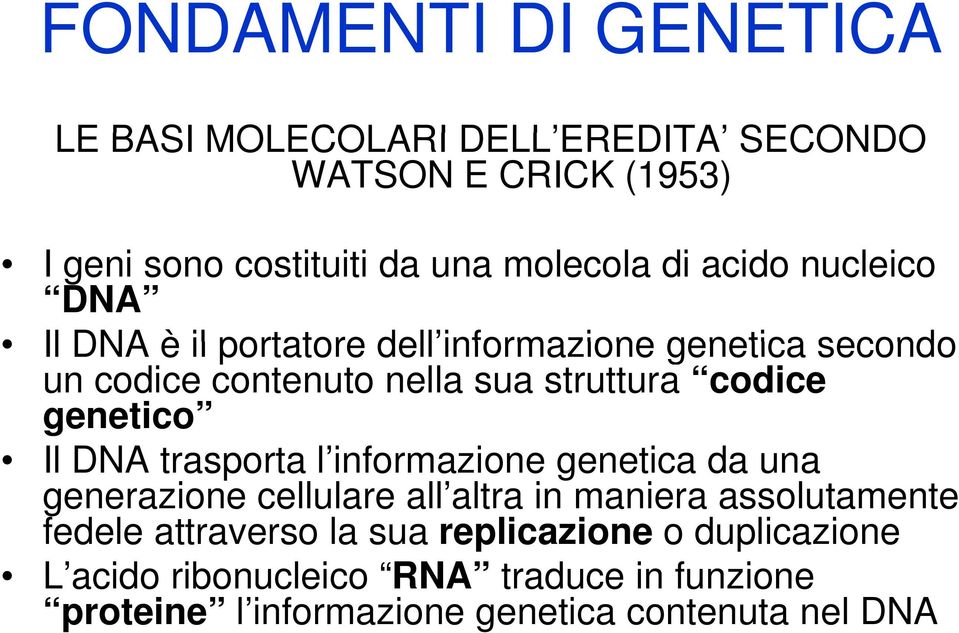 genetico Il DNA trasporta l informazione i genetica da una generazione cellulare all altra in maniera assolutamente fedele