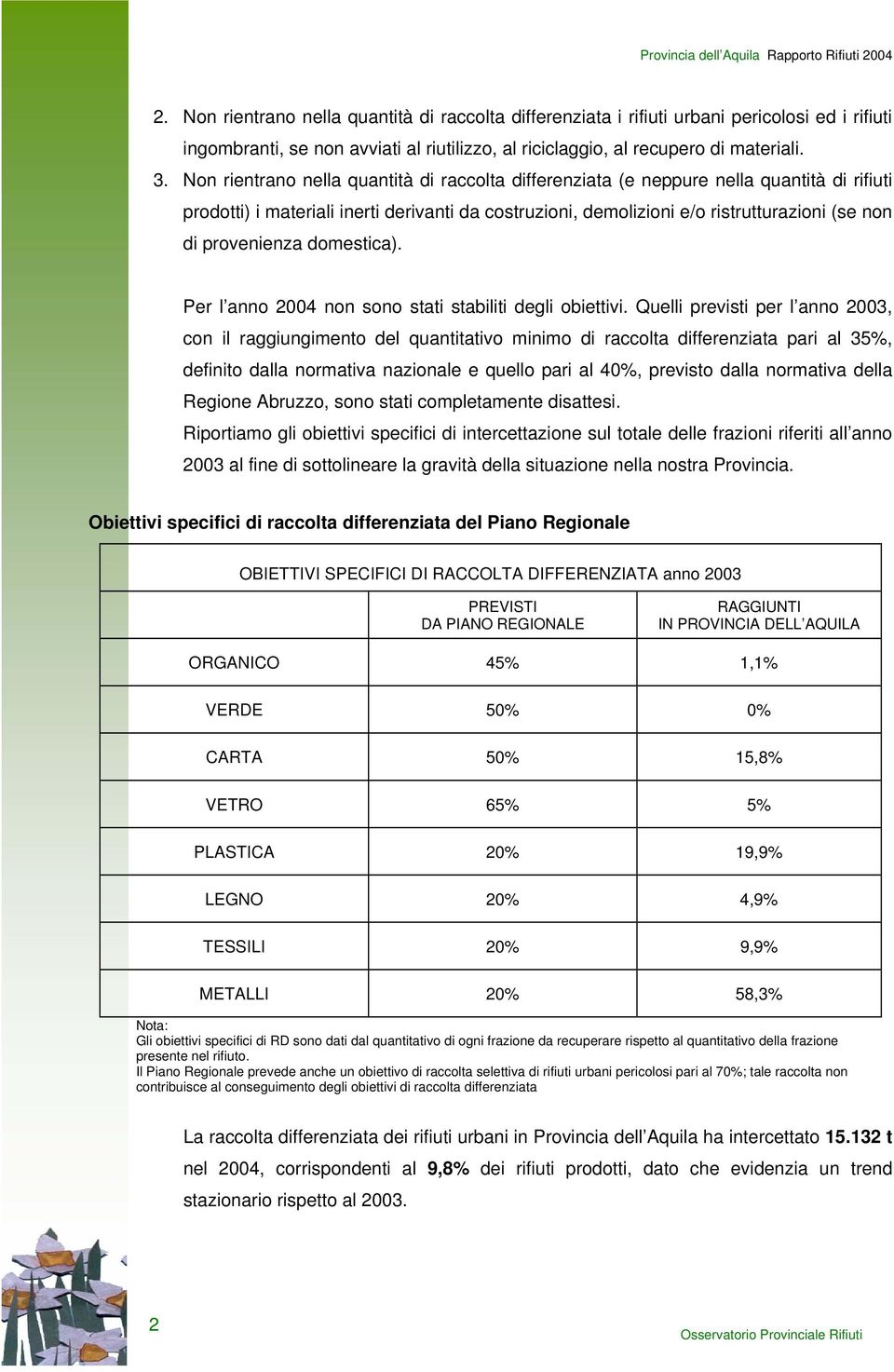 provenienza domestica). Per l anno 2004 non sono stati stabiliti degli obiettivi.