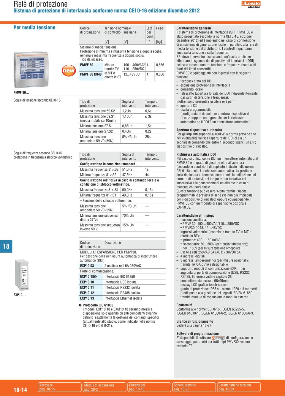 Tipo da incasso. PMVF 30 Misure 100 400V/ 1 0,566 tramite TV 0 250V PMVF 30 048 in MT o dirette in T...48V 1 0,566 Tipo di Soglia di Tempo di protezione intervento intervento Massima tensione 59.