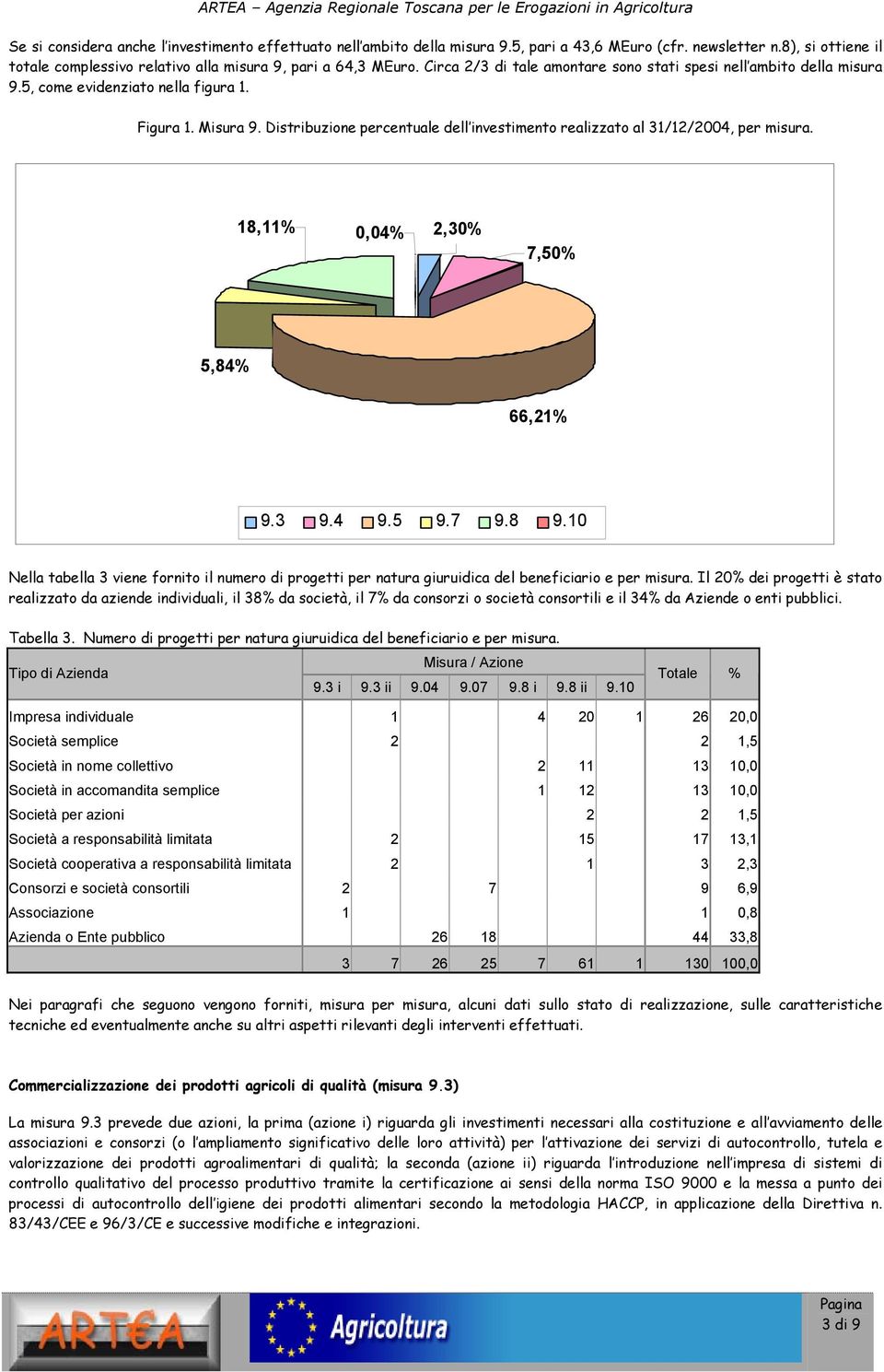 Distribuzione percentuale dell investimento realizzato al 31/12/2004, per misura. 18,11% 0,04% 2,30% 7,50% 5,84% 66,21% 9.3 9.4 9.5 9.7 9.8 9.