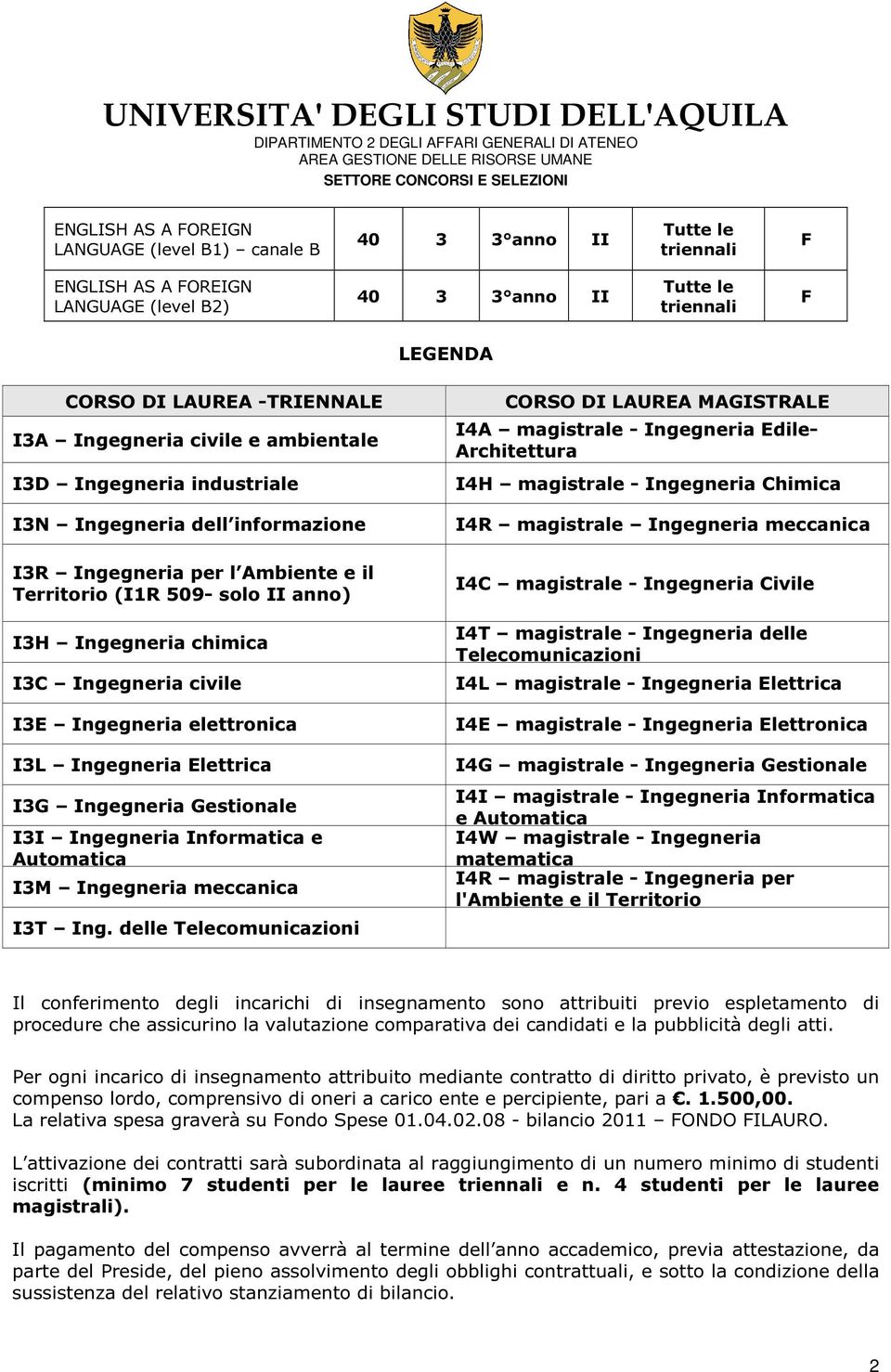 I3L Ingegneria Elettrica I3G Ingegneria Gestionale I3I Ingegneria Informatica e Automatica I3M Ingegneria meccanica I3T Ing.