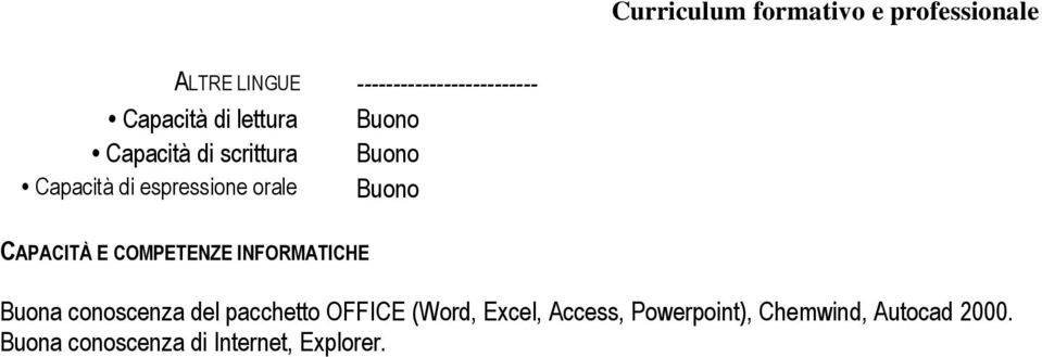 COMPETENZE INFORMATICHE Buona conoscenza del pacchetto OFFICE (Word,