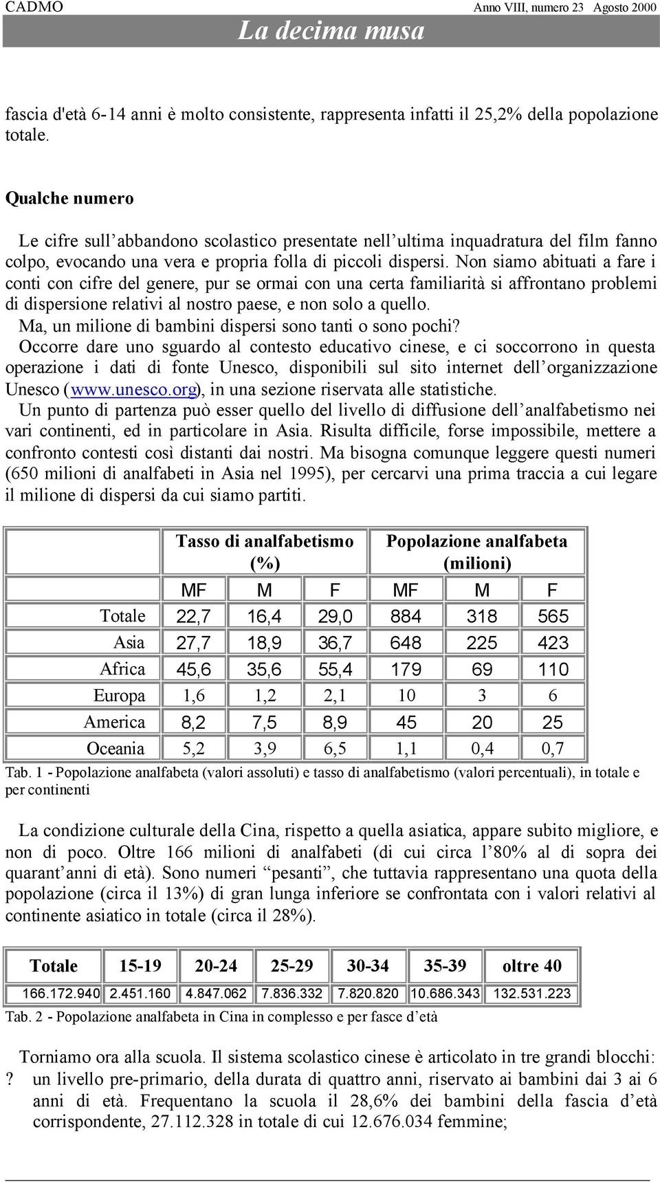 Non siamo abituati a fare i conti con cifre del genere, pur se ormai con una certa familiarità si affrontano problemi di dispersione relativi al nostro paese, e non solo a quello.