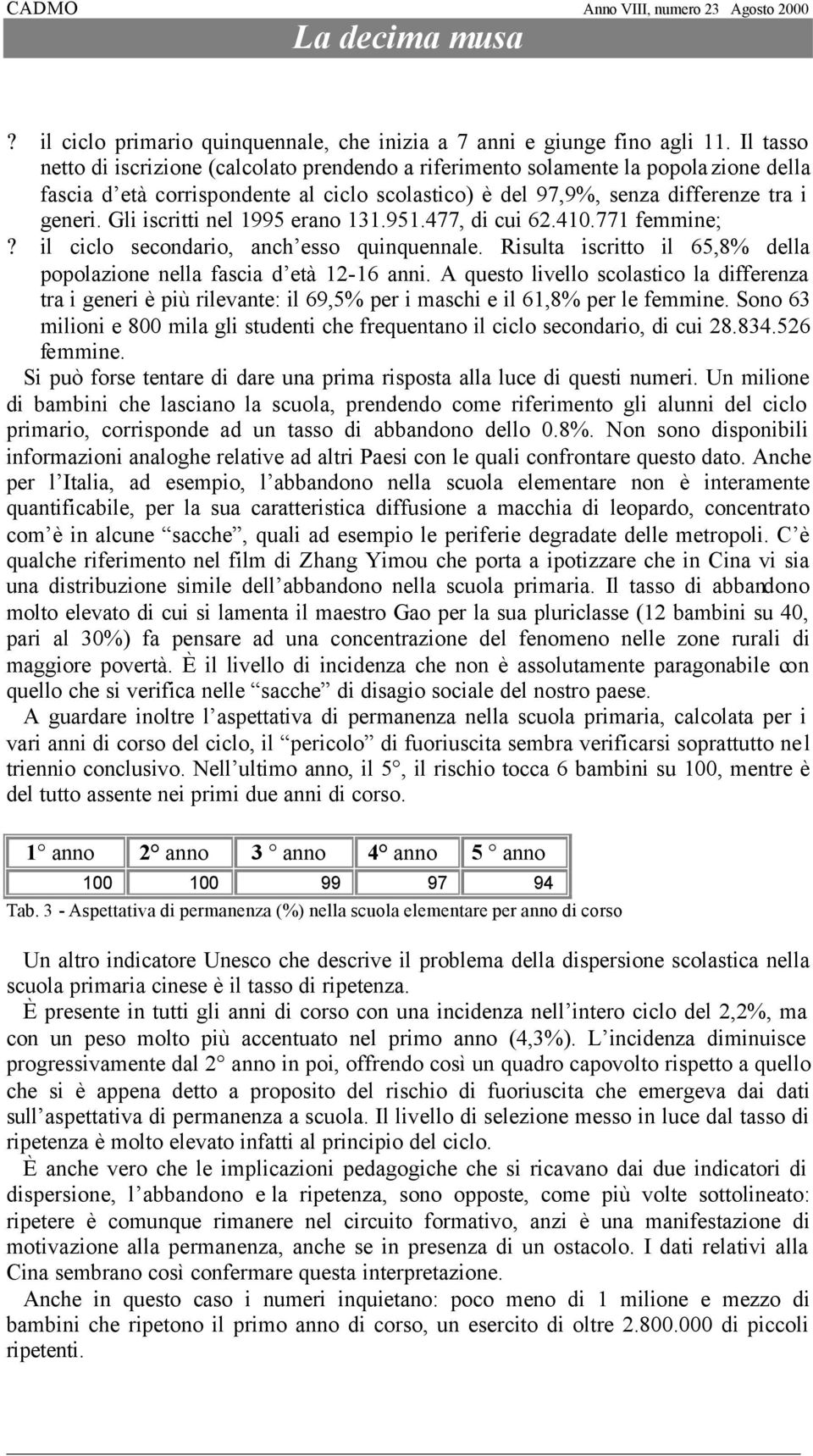 Gli iscritti nel 1995 erano 131.951.477, di cui 62.410.771 femmine;? il ciclo secondario, anch esso quinquennale. Risulta iscritto il 65,8% della popolazione nella fascia d età 12-16 anni.