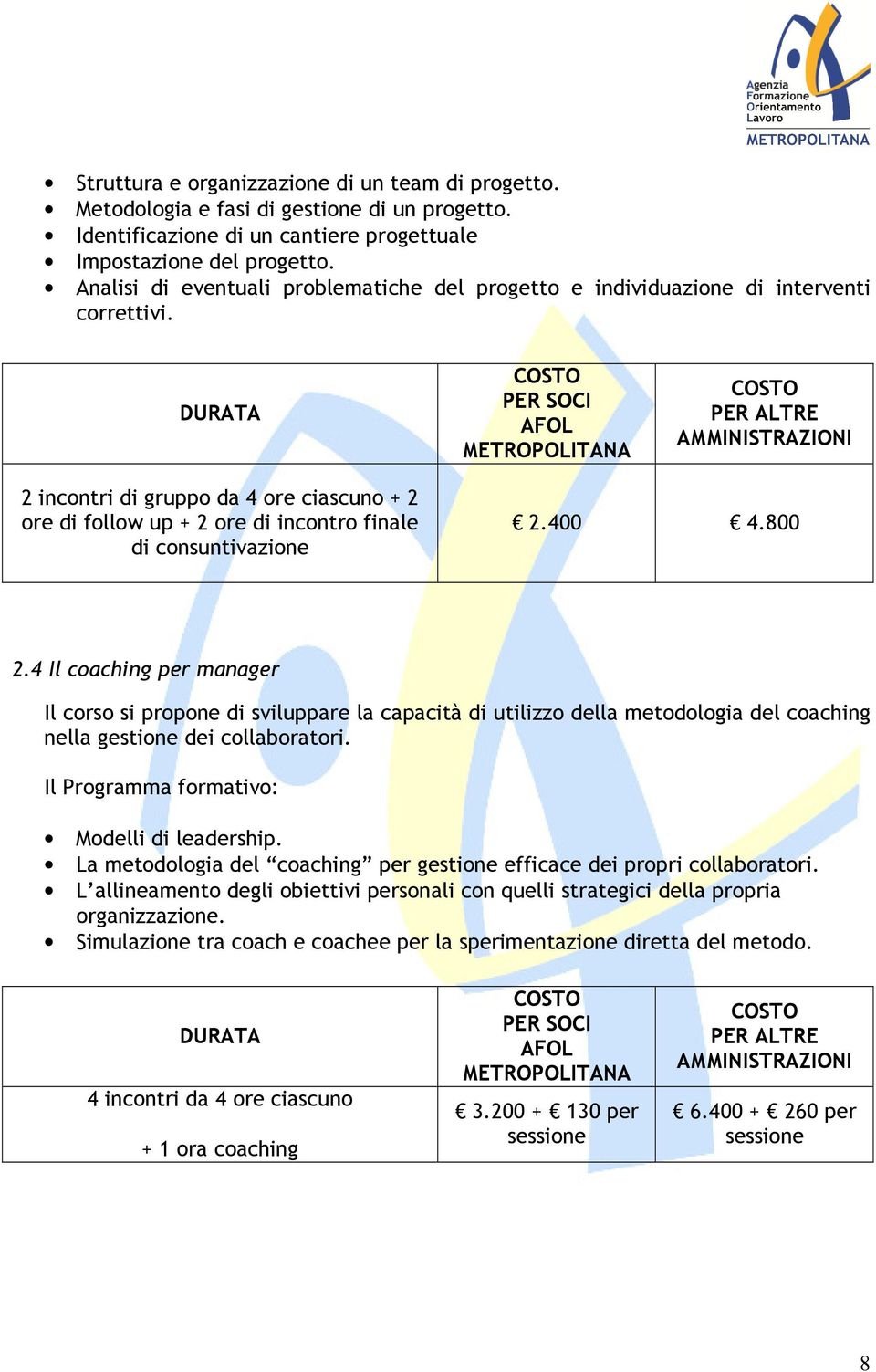 400 4.800 2.4 Il coaching per manager Il corso si propone di sviluppare la capacità di utilizzo della metodologia del coaching nella gestione dei collaboratori. Modelli di leadership.