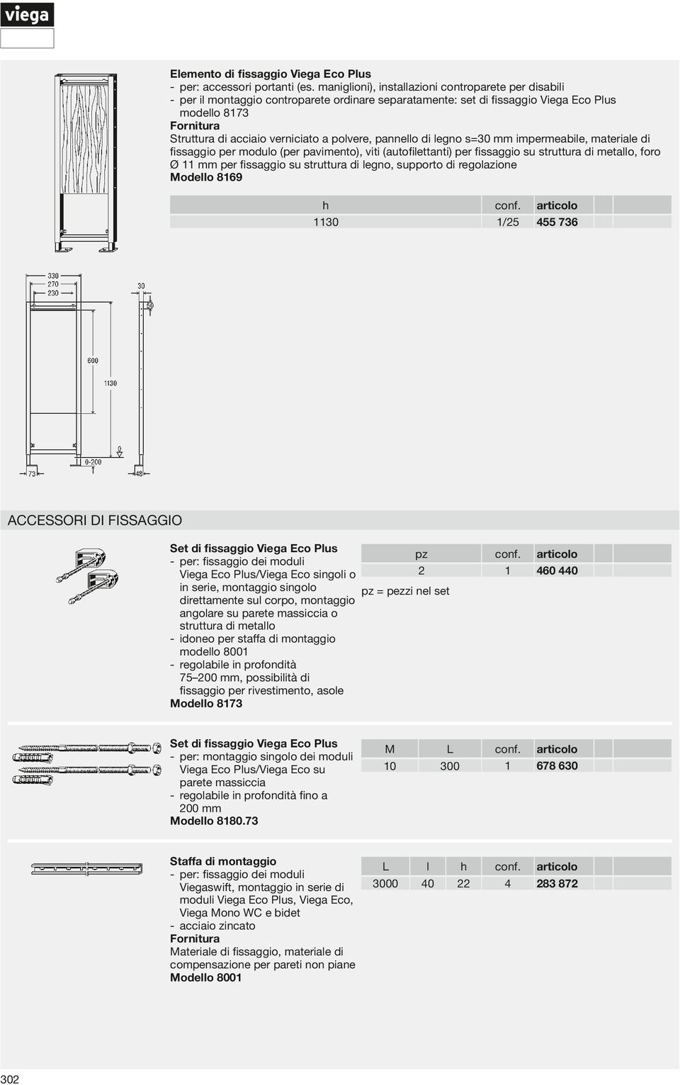 (autofilettanti) per fissaggio su struttura di metallo, foro Ø mm per fissaggio su struttura di legno, supporto di regolazione Modello 869 /25 455 736 Set di fissaggio Viega pz -- per: fissaggio dei