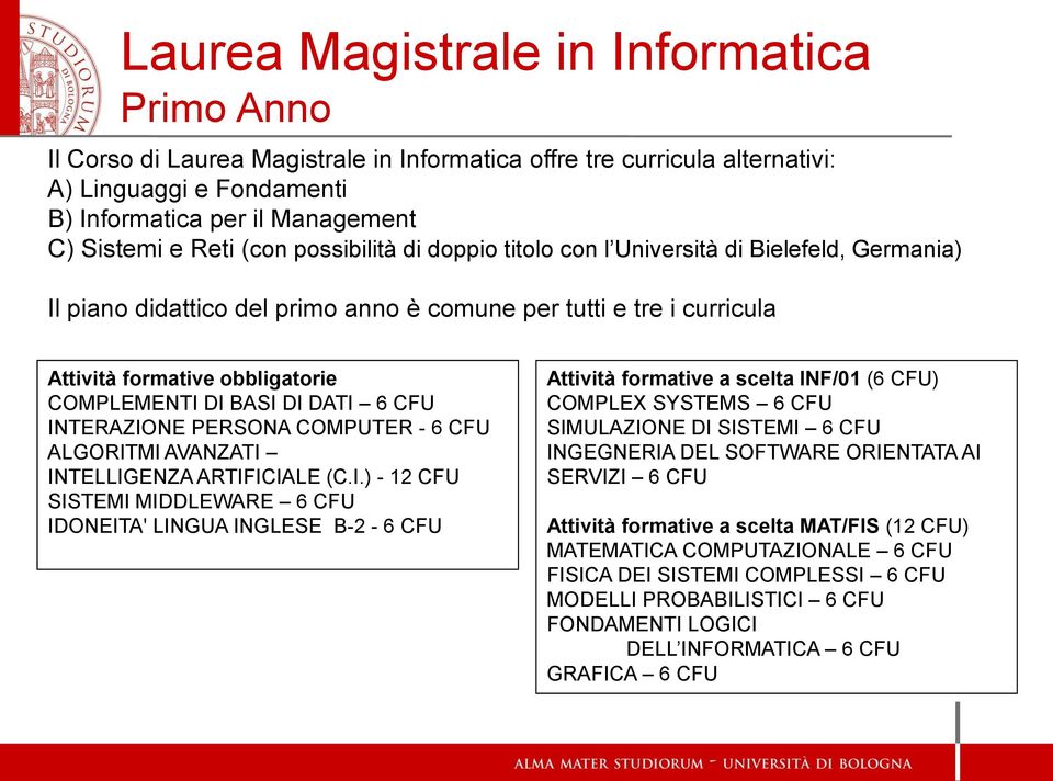 DI DATI 6 CFU INTERAZIONE PERSONA COMPUTER - 6 CFU ALGORITMI AVANZATI INTELLIGENZA ARTIFICIALE (C.I.) - 12 CFU SISTEMI MIDDLEWARE 6 CFU IDONEITA' LINGUA INGLESE B-2-6 CFU Attività formative a scelta