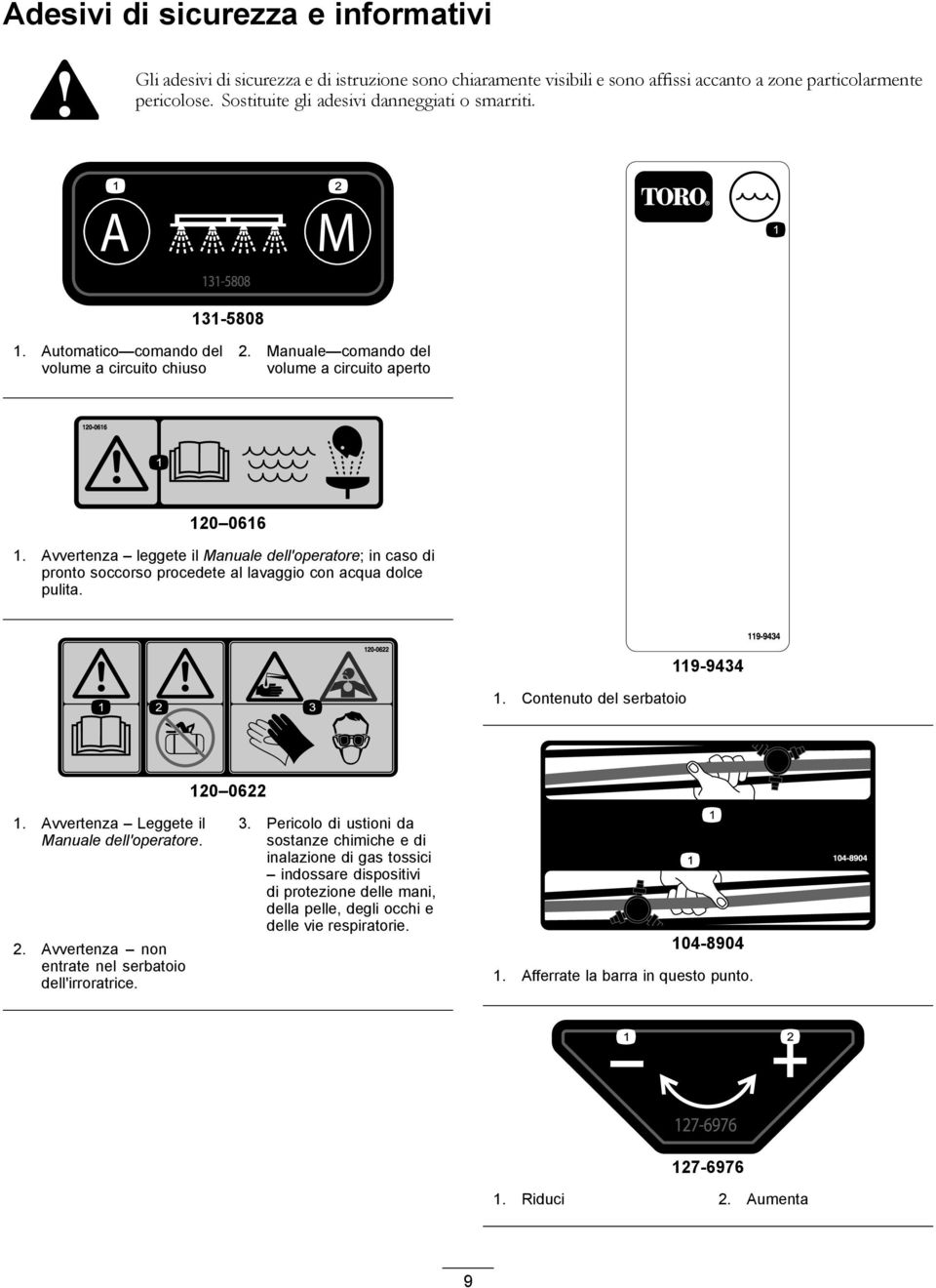 Avvertenza leggete il Manuale dell'operatore; in caso di pronto soccorso procedete al lavaggio con acqua dolce pulita. 1. Contenuto del serbatoio 119-9434 120 0622 1.