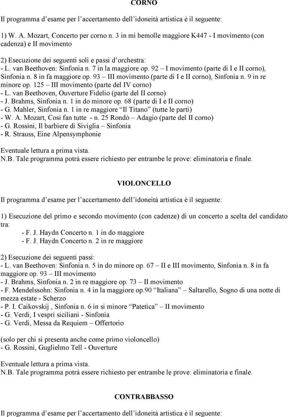 van Beethoven, Ouverture Fidelio (parte del II corno) - J. Brahms, Sinfonia n. 1 in do minore op. 68 (parte di I e II corno) - G. Mahler, Sinfonia n. 1 in re maggiore Il Titano (tutte le parti) - W.