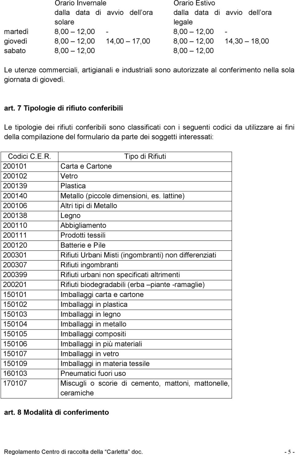 gianali e industriali sono autorizzate al conferimento nella sola giornata di giovedì. art.