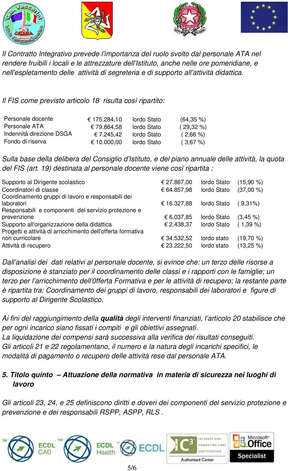 864,58 lordo Stato ( 29,32 %) Indennità direzione DSGA 7.245,42 lordo Stato ( 2,66 %) Fondo di riserva 10.