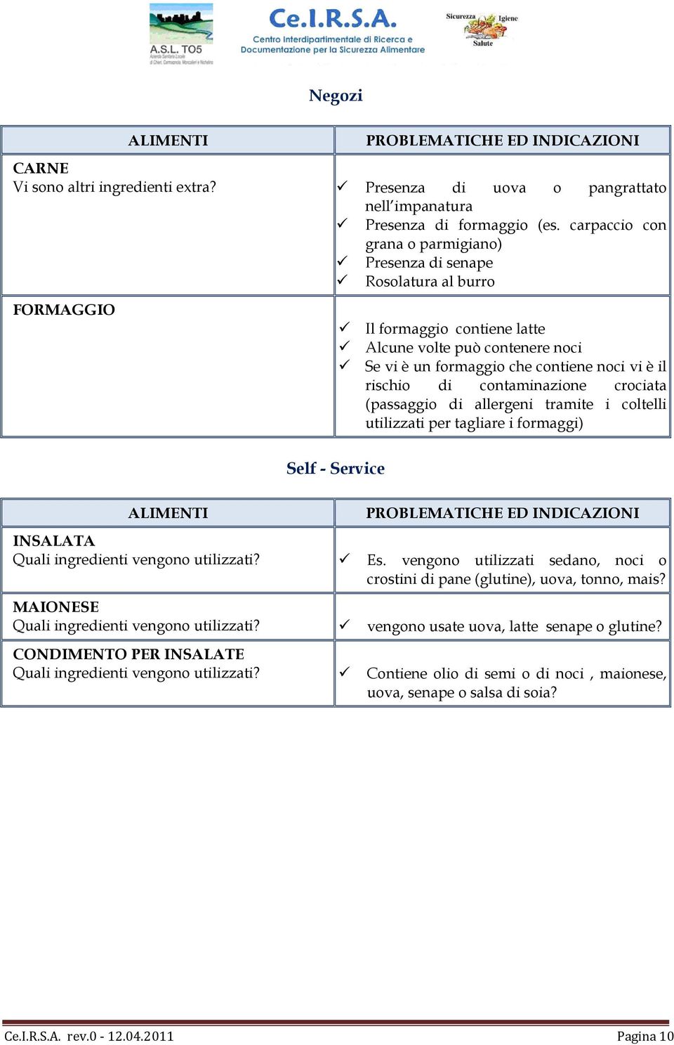 di contaminazione crociata (passaggio di allergeni tramite i coltelli utilizzati per tagliare i formaggi) Self - Service INSALATA Quali ingredienti vengono utilizzati? Es.