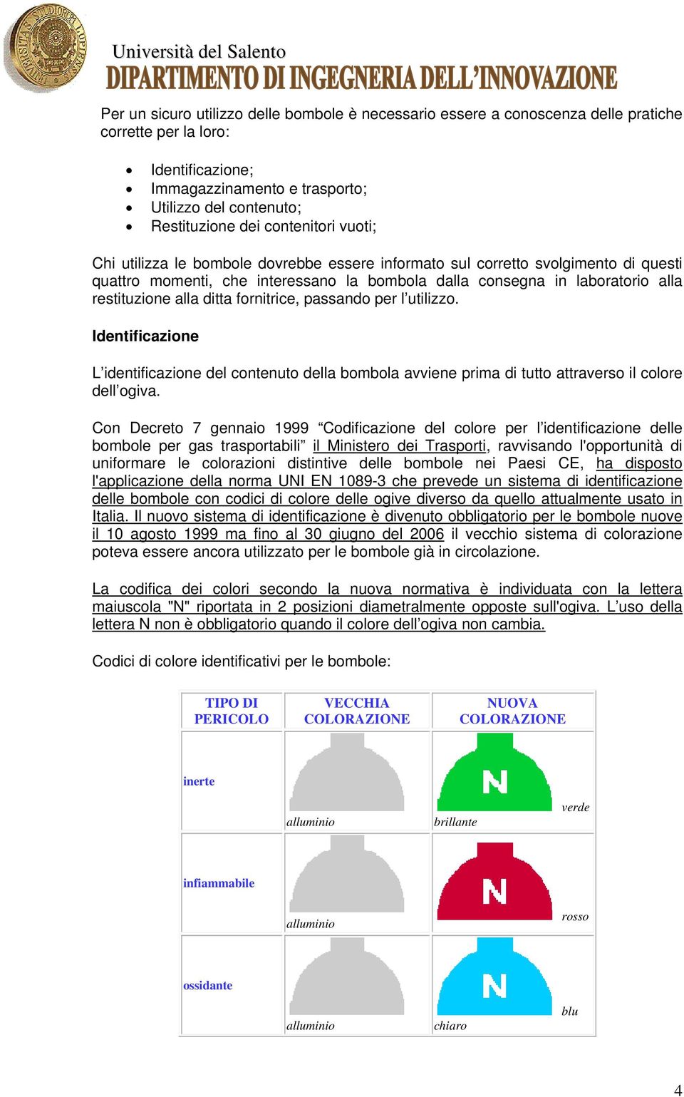 alla ditta fornitrice, passando per l utilizzo. Identificazione L identificazione del contenuto della bombola avviene prima di tutto attraverso il colore dell ogiva.