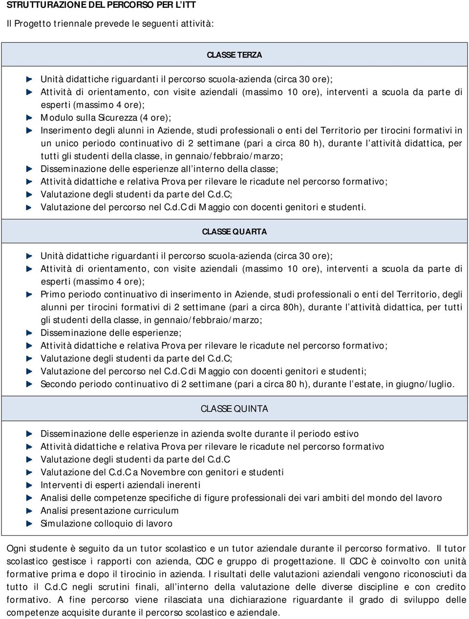 o enti del Territorio per tirocini formativi in un unico periodo continuativo di 2 settimane (pari a circa 80 h), durante l attività didattica, per tutti gli studenti della classe, in