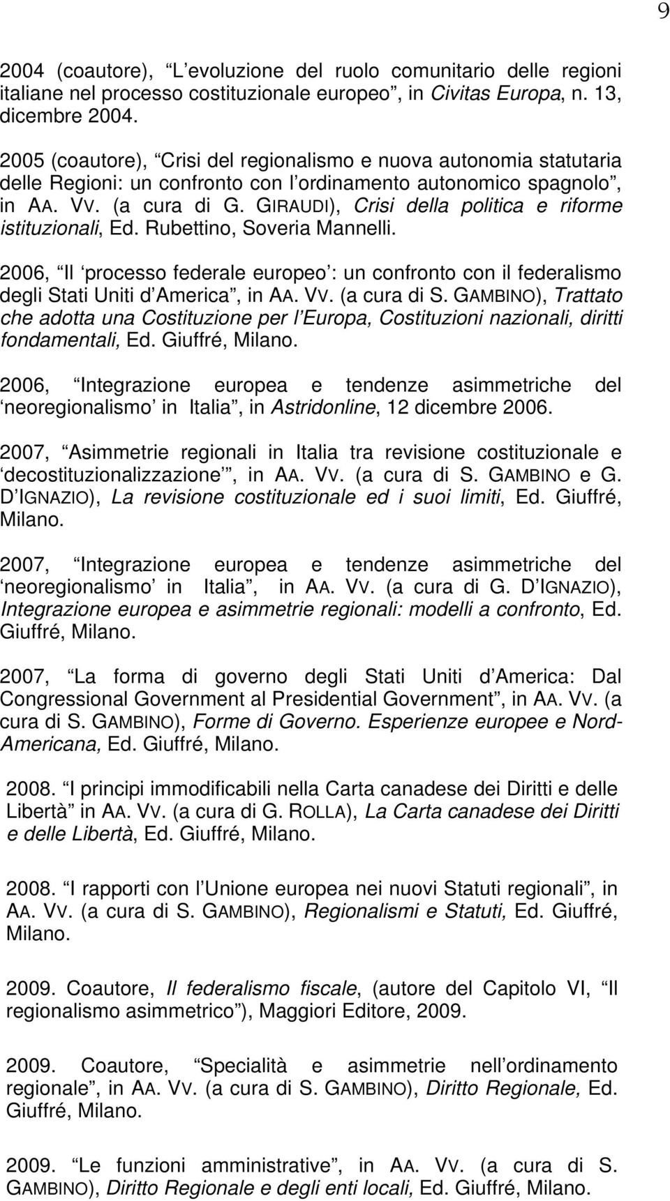 GIRAUDI), Crisi della politica e riforme istituzionali, Ed. Rubettino, Soveria Mannelli. 2006, Il processo federale europeo : un confronto con il federalismo degli Stati Uniti d America, in AA. VV.