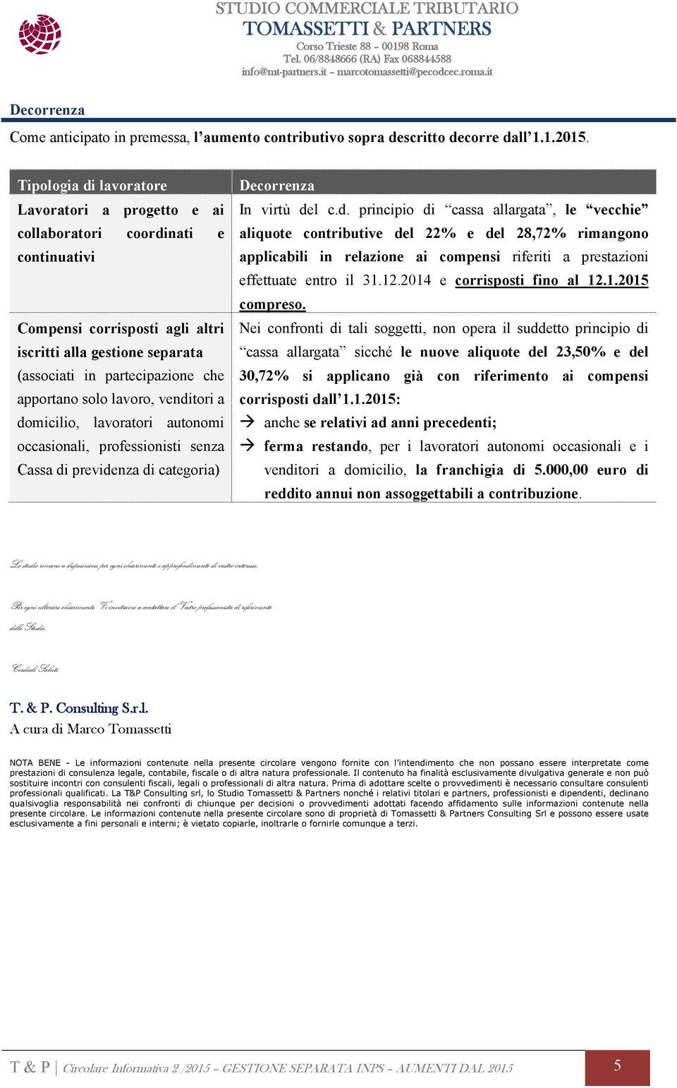 solo lavoro, venditori a domicilio, lavoratori autonomi occasionali, professionisti senza Cassa di previdenza di categoria) Decorrenza In virtù del c.d. principio di cassa allargata, le vecchie aliquote contributive del 22% e del 28,72% rimangono applicabili in relazione ai compensi riferiti a prestazioni effettuate entro il 31.