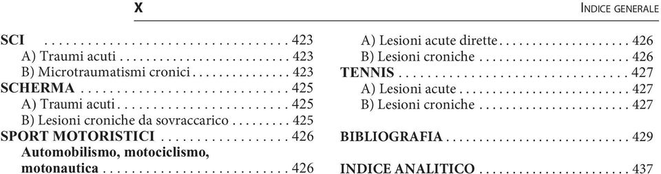 ......................... 426 INDICE GENERALE A) Lesioni acute dirette.................... 426 B) Lesioni croniche....................... 426 TENNIS................................ 427 A) Lesioni acute.