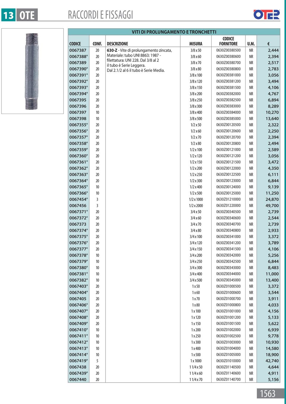 Dal 3/8 al 2 0067389 20 3/8 x 70 0630Z00380700 NR 2,517 il tubo è Serie Leggera. 0067390 20 Dal 2.1/2 al 6 il tubo è Serie Media.