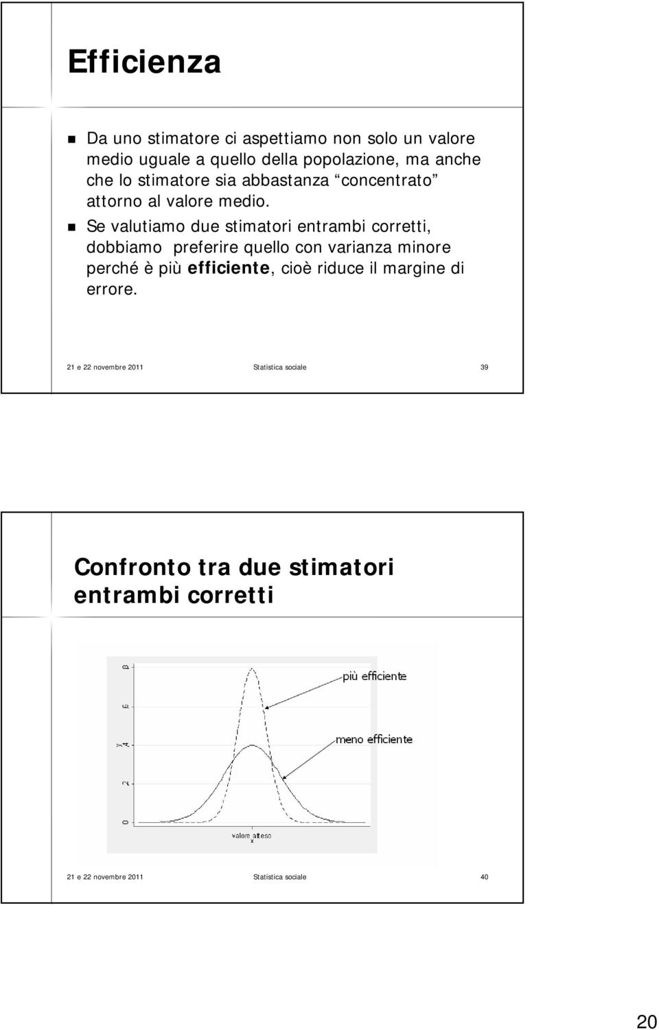 Se valutiamo due stimatori entrambi corretti, dobbiamo preferire quello con varianza minore perché è più