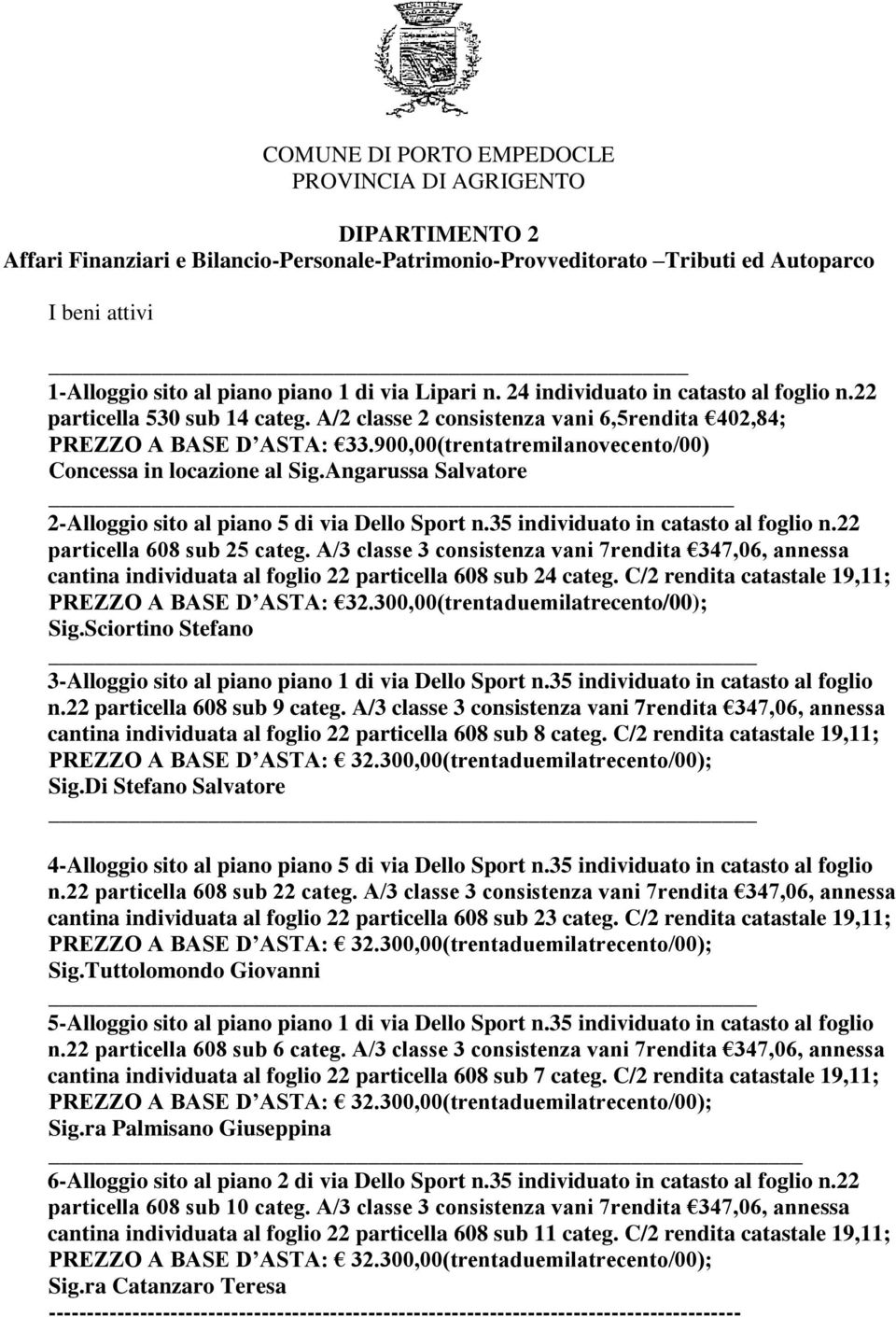 900,00(trentatremilanovecento/00) Concessa in locazione al Sig.Angarussa Salvatore 2-Alloggio sito al piano 5 di via Dello Sport n.35 individuato in catasto al foglio n.22 particella 608 sub 25 categ.