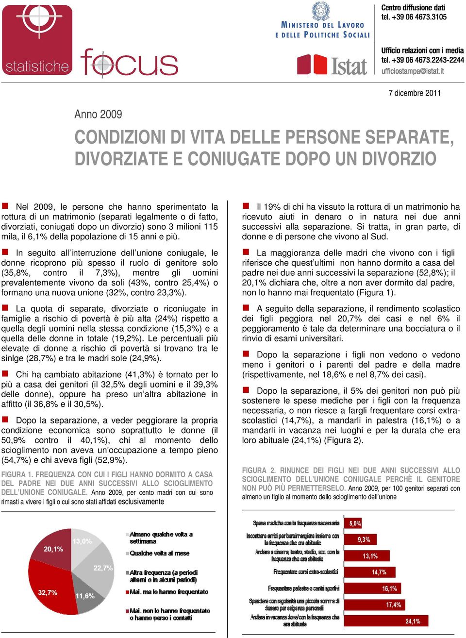 In seguito all interruzione dell unione coniugale, le donne ricoprono più spesso il ruolo di genitore solo (35,8%, contro il 7,3%), mentre gli uomini prevalentemente vivono da soli (43%, contro