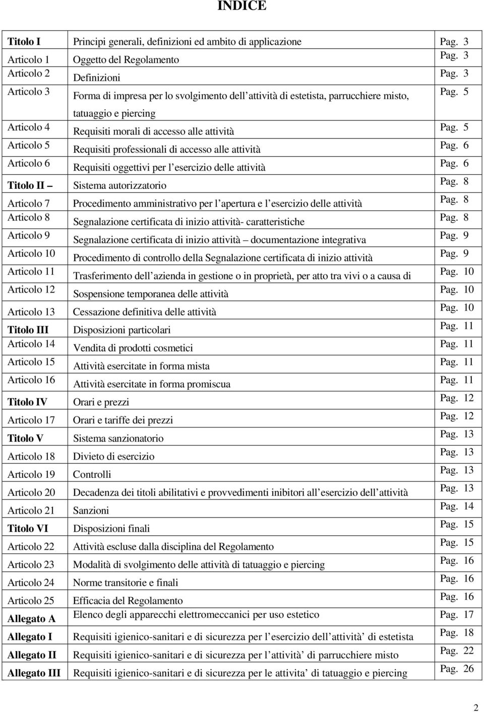 5 Articolo 5 Requisiti professionali di accesso alle attività Pag. 6 Articolo 6 Requisiti oggettivi per l esercizio delle attività Pag. 6 Titolo II Sistema autorizzatorio Pag.