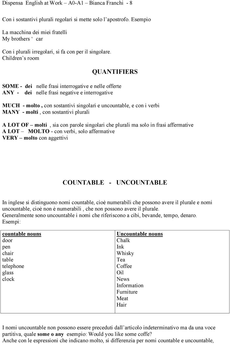 Children s room QUANTIFIERS SOME - dei nelle frasi interrogative e nelle offerte ANY - dei nelle frasi negative e interrogative MUCH - molto, con sostantivi singolari e uncountable, e con i verbi