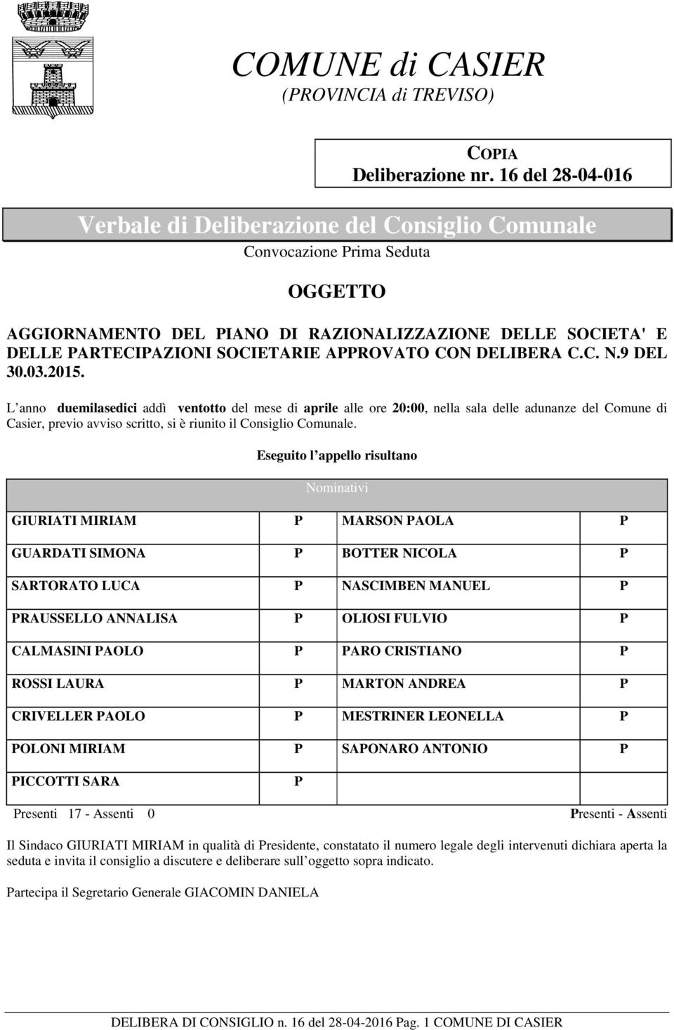 APPROVATO CON DELIBERA C.C. N.9 DEL 30.03.2015.