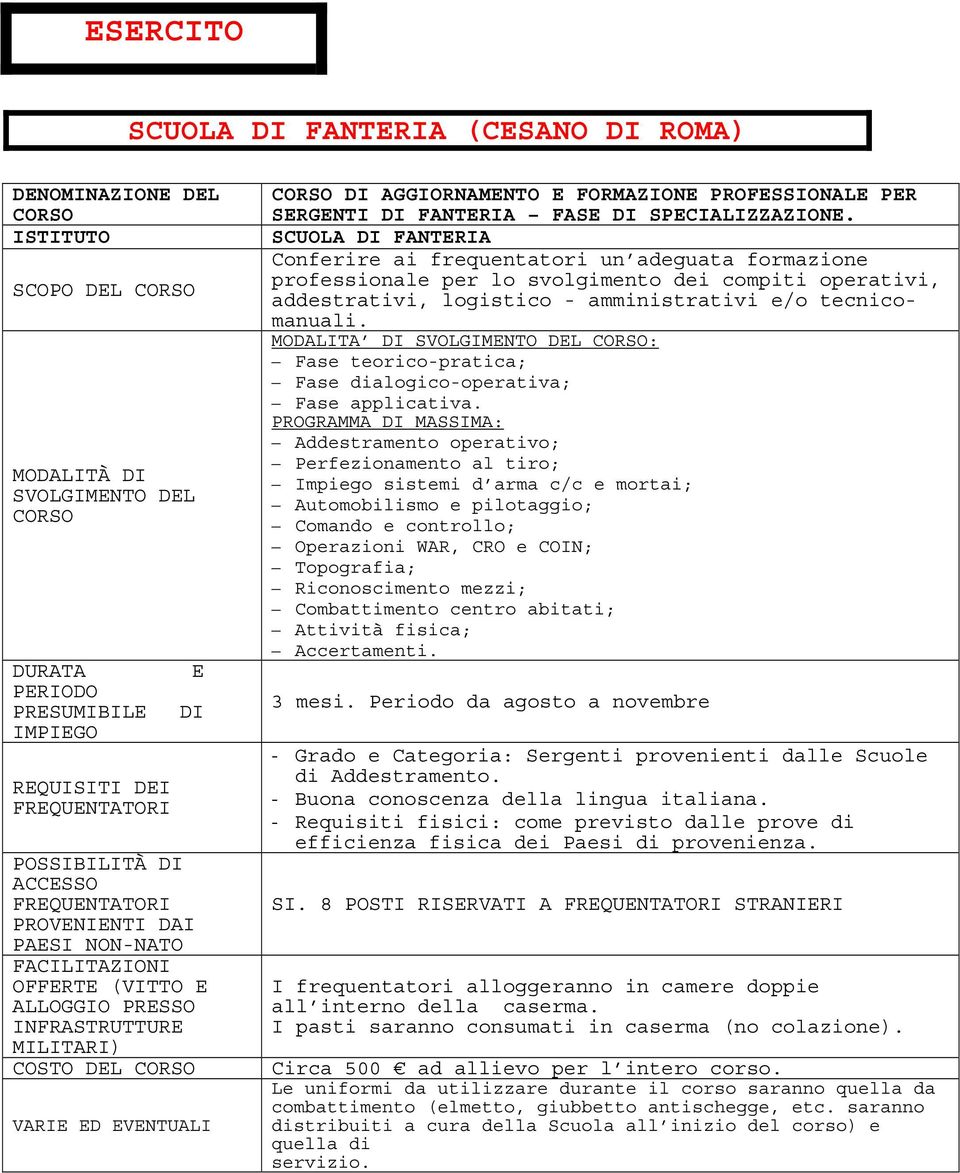 SCUOLA DI FANTERIA Conferire ai frequentatori un adeguata formazione professionale per lo svolgimento dei compiti operativi, addestrativi, logistico - amministrativi e/o tecnicomanuali.