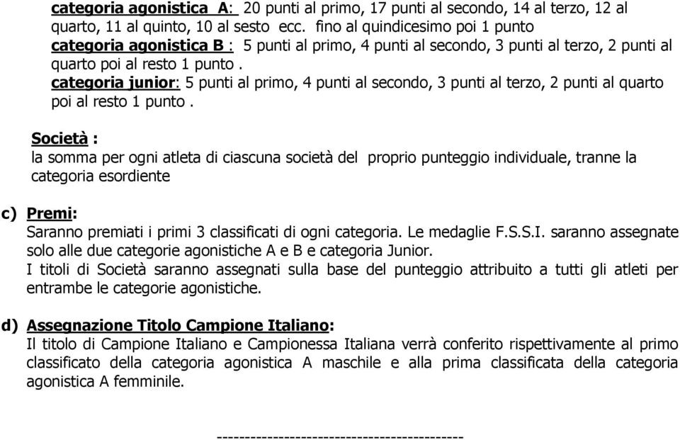 categoria junior: 5 punti al primo, 4 punti al secondo, 3 punti al terzo, 2 punti al quarto poi al resto 1 punto.