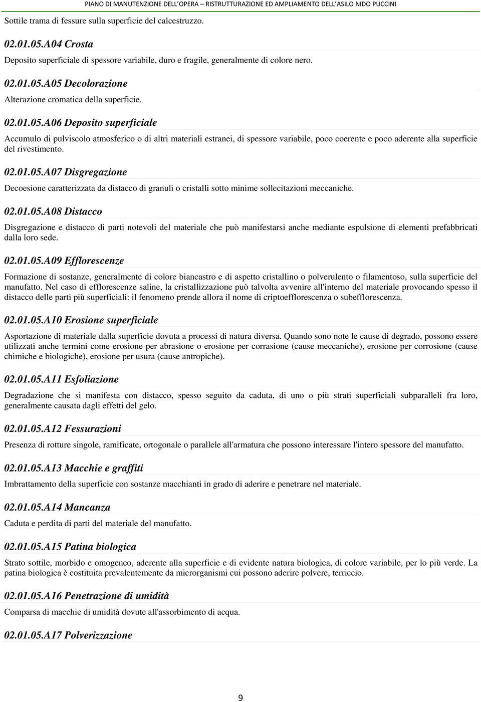 02.01.05.A08 Distacco Disgregazione e distacco di parti notevoli del materiale che può manifestarsi anche mediante espulsione di elementi prefabbricati dalla loro sede. 02.01.05.A09 Efflorescenze Formazione di sostanze, generalmente di colore biancastro e di aspetto cristallino o polverulento o filamentoso, sulla superficie del manufatto.