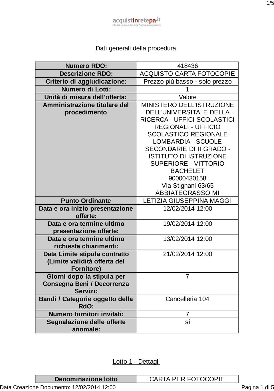 GRADO - ISTITUTO DI ISTRUZIONE SUPERIORE - VITTORIO BACHELET 90000430158 Via Stignani 63/65 ABBIATEGRASSO MI Punto Ordinante LETIZIA GIUSEPPINA MAGGI Data e ora inizio presentazione 12/02/2014 12:00