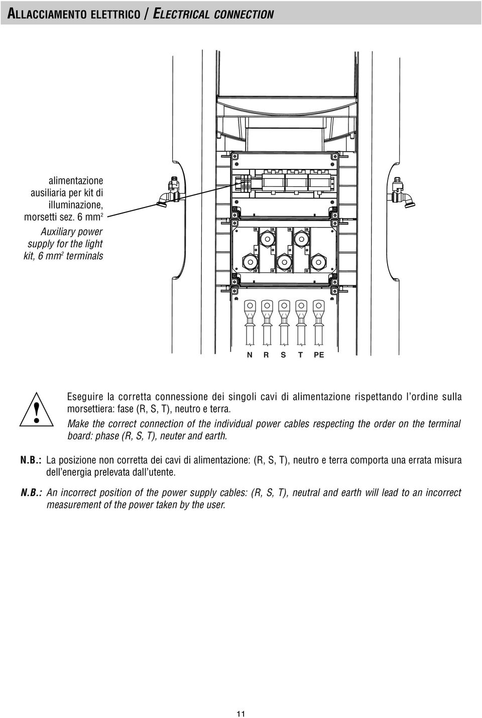 S, T), neutro e terra. Make the correct connection of the individual power cables respecting the order on the terminal board: phase (R, S, T), neuter and earth. N.B.