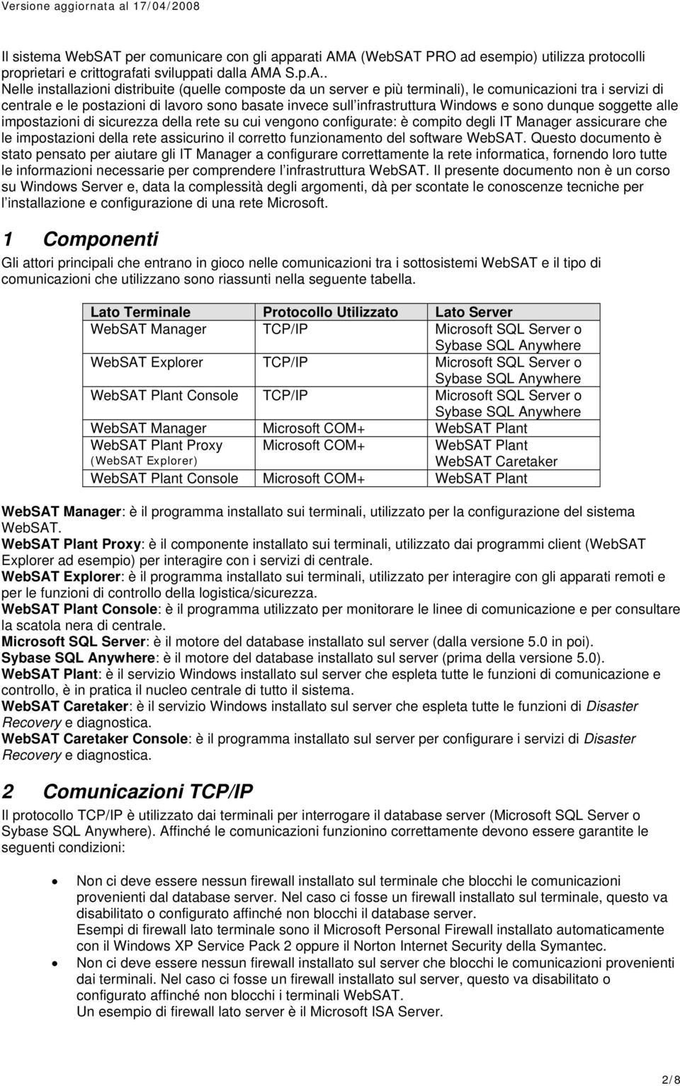 A (WebSAT PRO ad esempio) utilizza protocolli proprietari e crittografati sviluppati dalla AMA S.p.A.. Nelle installazioni distribuite (quelle composte da un server e più terminali), le comunicazioni