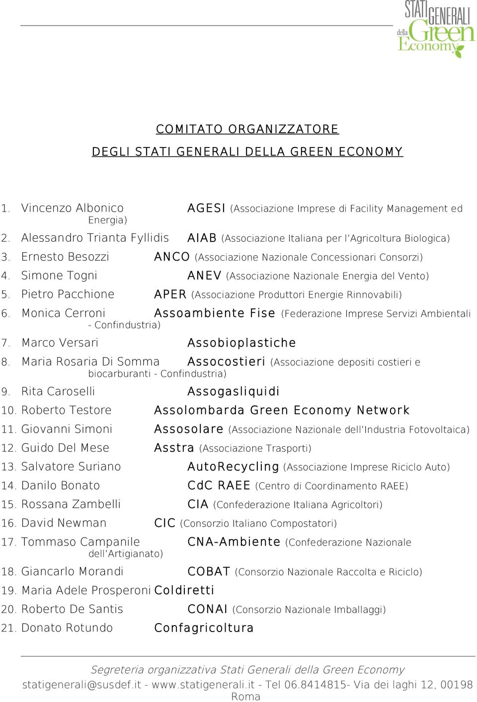 Simone Togni ANEV (Associazione Nazionale Energia del Vento) 5. Pietro Pacchione APER (Associazione Produttori Energie Rinnovabili) 6.