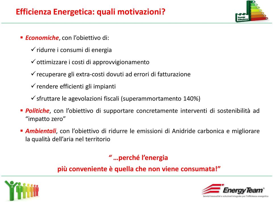 errori di fatturazione rendere efficienti gli impianti sfruttare le agevolazioni fiscali (superammortamento 140%) Politiche, con l obiettivo di